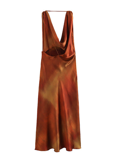 European And American Style Draped Collar Silk Satin Texture Printing Dress