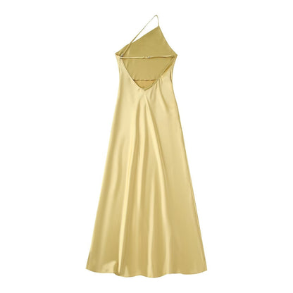 One Shoulder Asymmetric Silk Satin Texture Waist Pulling Dress