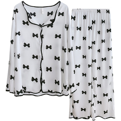 Women's Ice Silk Thin Suit Long Sleeve Bow Print Homewear