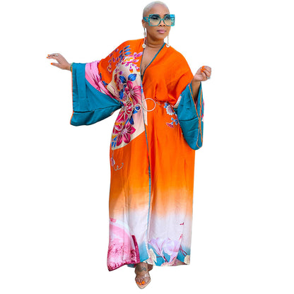 Kimono Silk-like Multi-print Coat