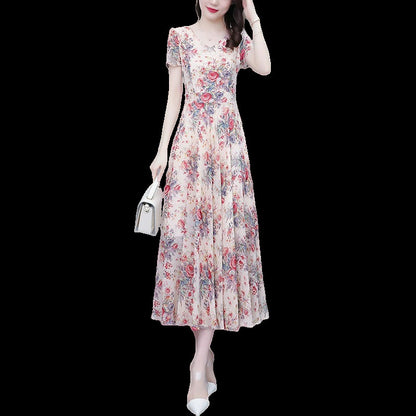 Loose Long V-neck Short Sleeve Ice Silk Satin Dress