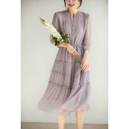 Light Smoked Purple  Silk Gathered Lace-Up Dress