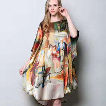 Inkjet Bat Shirt Women's Spring And Summer Home Service New Style Silk Silk Pajamas Nightdress Loose