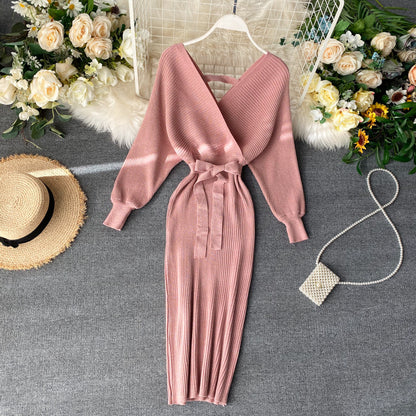Fashionable And Simple V-neck Bright Silk Knitted Dress