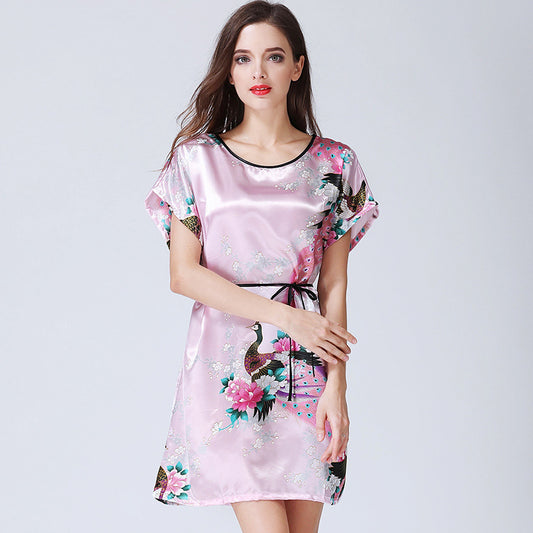 Imitation Silk Nightdress Round Neck And Thin Belt Women's Silk Pajamas