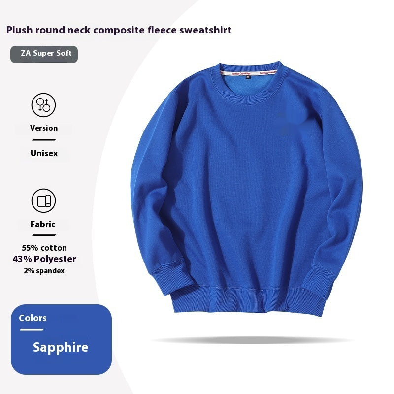 Blue fleece sweatshirt with product details on a white background