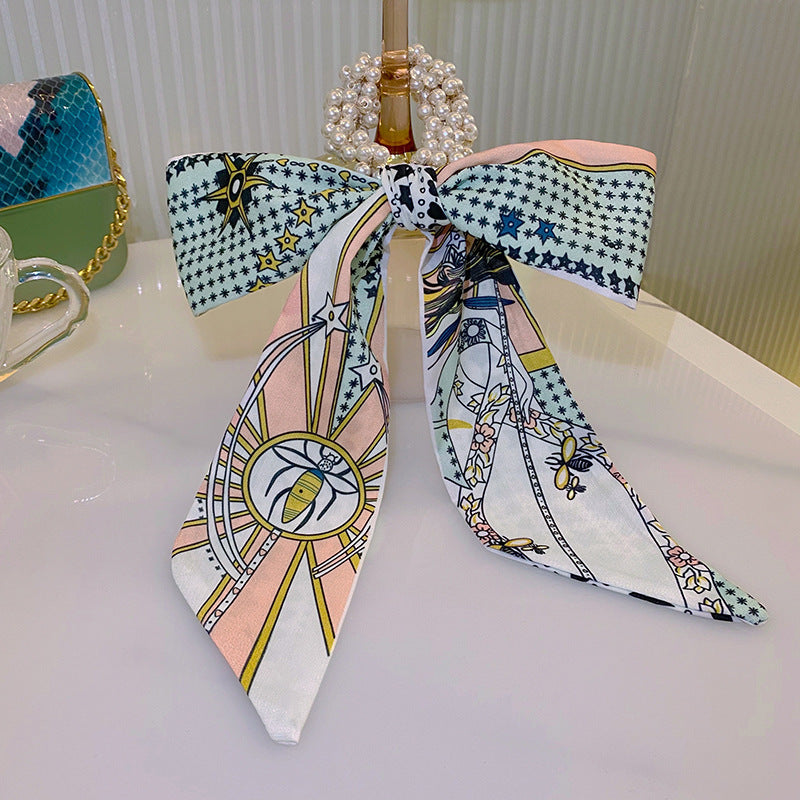 Pearl Head Rope Ribbon Silk Scarf Headband