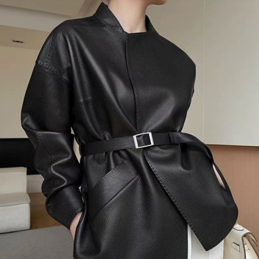 Hong Kong Retro Classic Style Leather Coat Women's Short