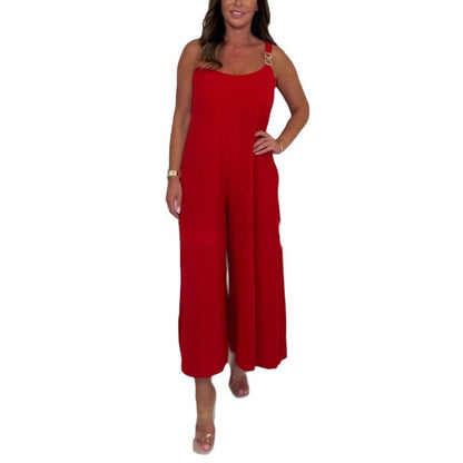 Solid Color Casual Sling Wide Leg Jumpsuit