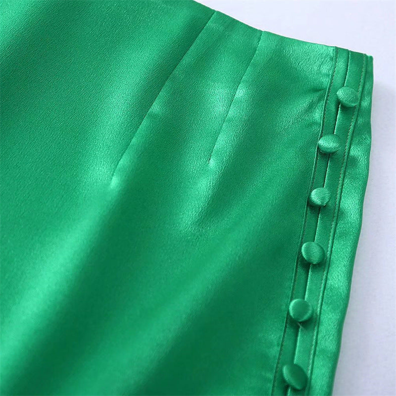 New Buttoned Silk-satin Textured Skirt Miniskirt