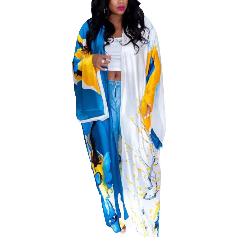 Kimono Silk-like Multi-print Coat