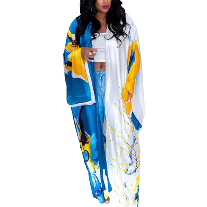 Kimono Silk-like Multi-print Coat