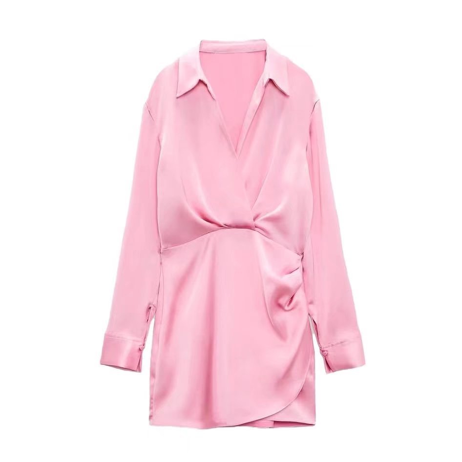 European And American Style Silk Satin Texture Waist Shirt Dress