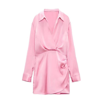 European And American Style Silk Satin Texture Waist Shirt Dress