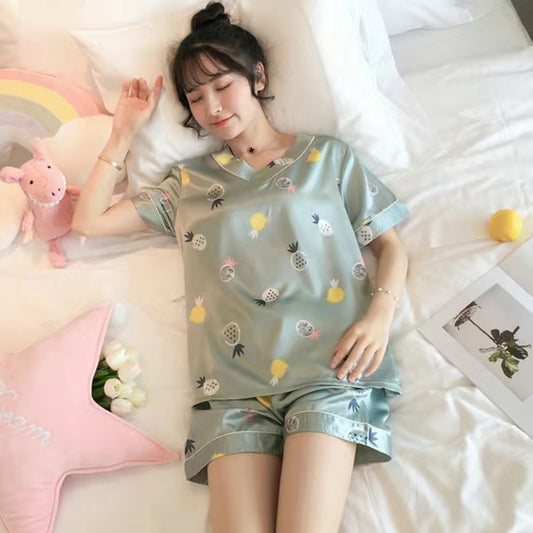 Women's Loose Casual Short Sleeve Ice Silk Pajama Set