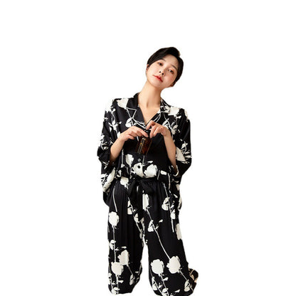 Women's New Ice Silk Mid Sleeve Rose Print Suit