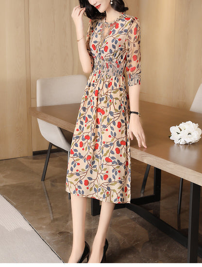 Mid-length Silkworm Silk Dress With Waist Printing