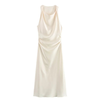 Fashion Round Neck Sleeveless Black Silk Satin Texture Dress