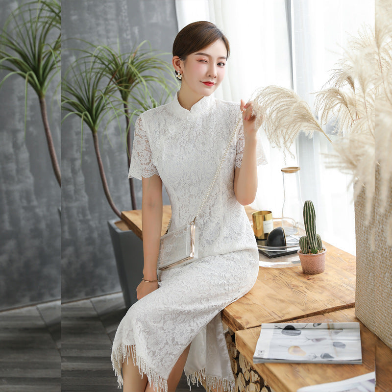 Bead Curtain Tassel Silk Flower Mid-length Improved Dress