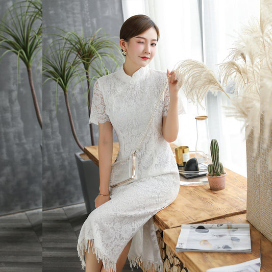 Bead Curtain Tassel Silk Flower Mid-length Improved Dress