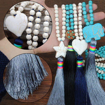 Bohemian Folk Art Antique Turquoise Silk Thread Tassel Necklace