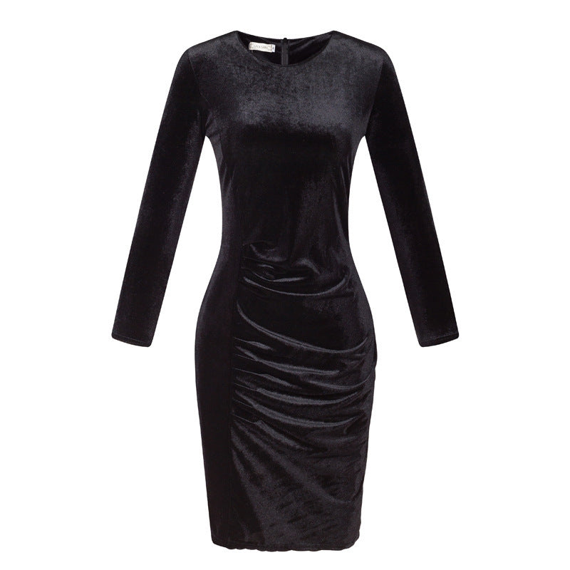 Korean Velvet Slim Long-sleeved Gold Silk Velvet Bag Hip Dress