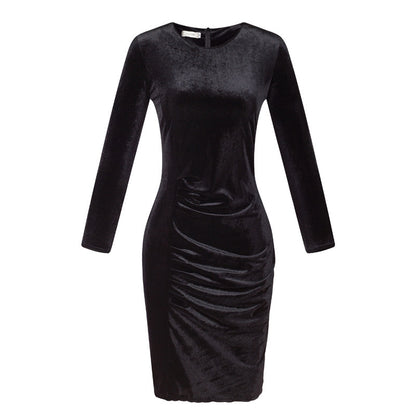 Korean Velvet Slim Long-sleeved Gold Silk Velvet Bag Hip Dress