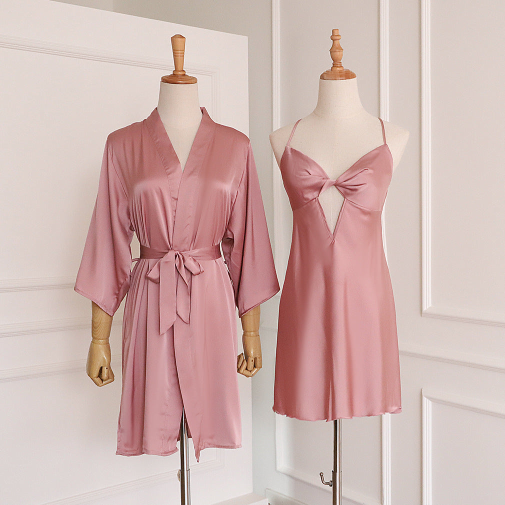 Ice Silk Pajama Suspender With Lace And Chest Pad