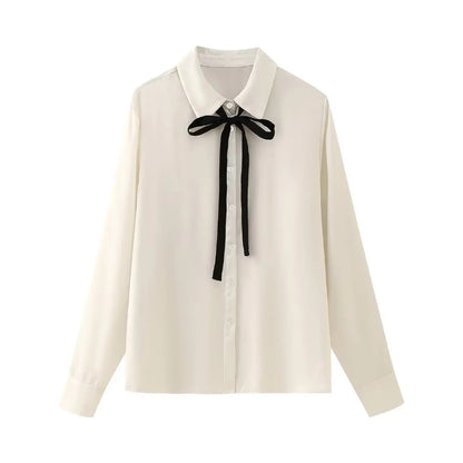 Bowknot Decoration Silk Satin Textured Shirt