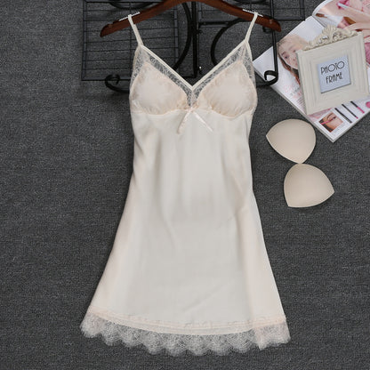 Ice Silk Sling Nightdress Solid Color With Chest Pad