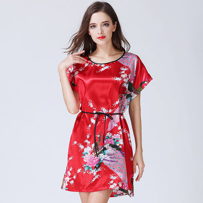 Imitation Silk Nightdress Round Neck And Thin Belt Women's Silk Pajamas