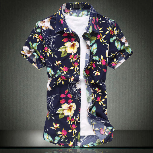 Men's shirt short sleeve large size milk silk flower shirt