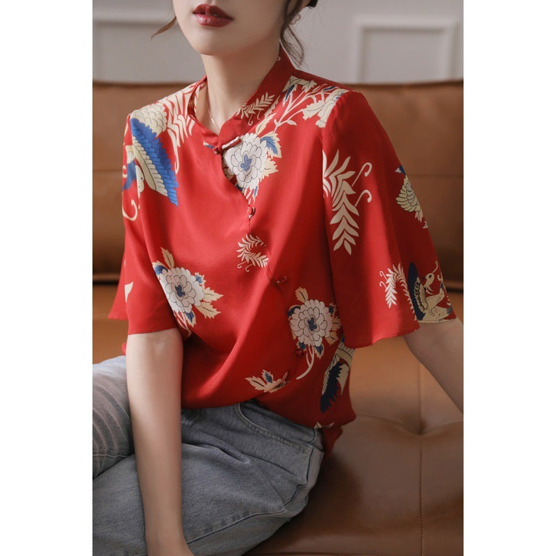 Chinese Style Women's Stand-up Collar Silk Shirt Women