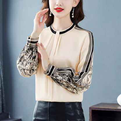 Women's Spring Clothing Versatile Slimming Temperament Printed Mulberry Silk Satin Shirt Long Sleeve