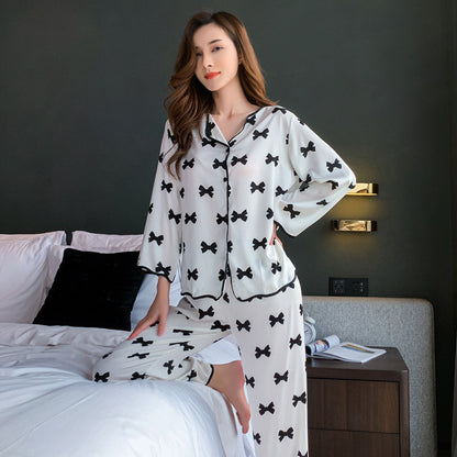 Women's Ice Silk Thin Suit Long Sleeve Bow Print Homewear