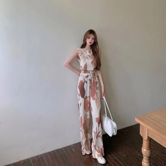 Ice Silk Thread T-Shirt High Waist Wide Leg Suit