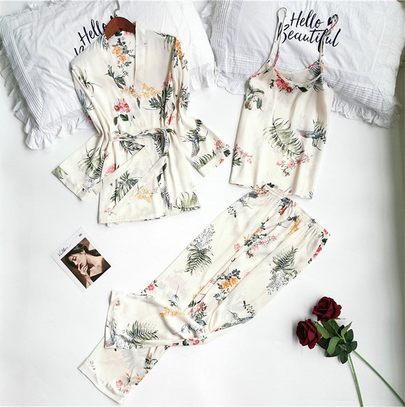 Printed Long Sleeve Imitation Silk Homewear