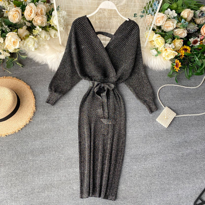 Fashionable And Simple V-neck Bright Silk Knitted Dress