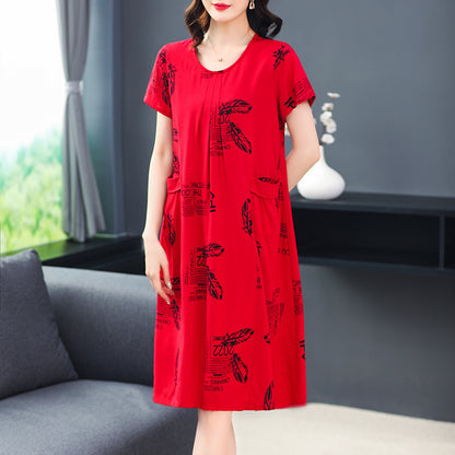 Plus Size Middle-aged And Elderly Cotton Silk Meat-covering Dress