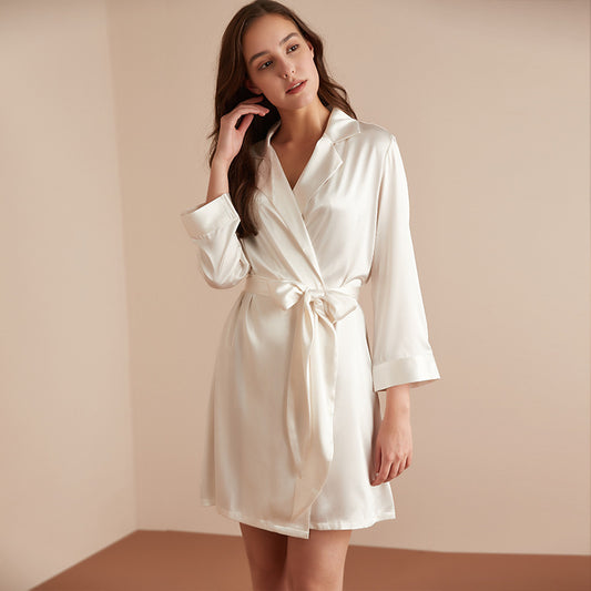 Lace Up Simulation Silk Bathrobe French Satin Pajamas