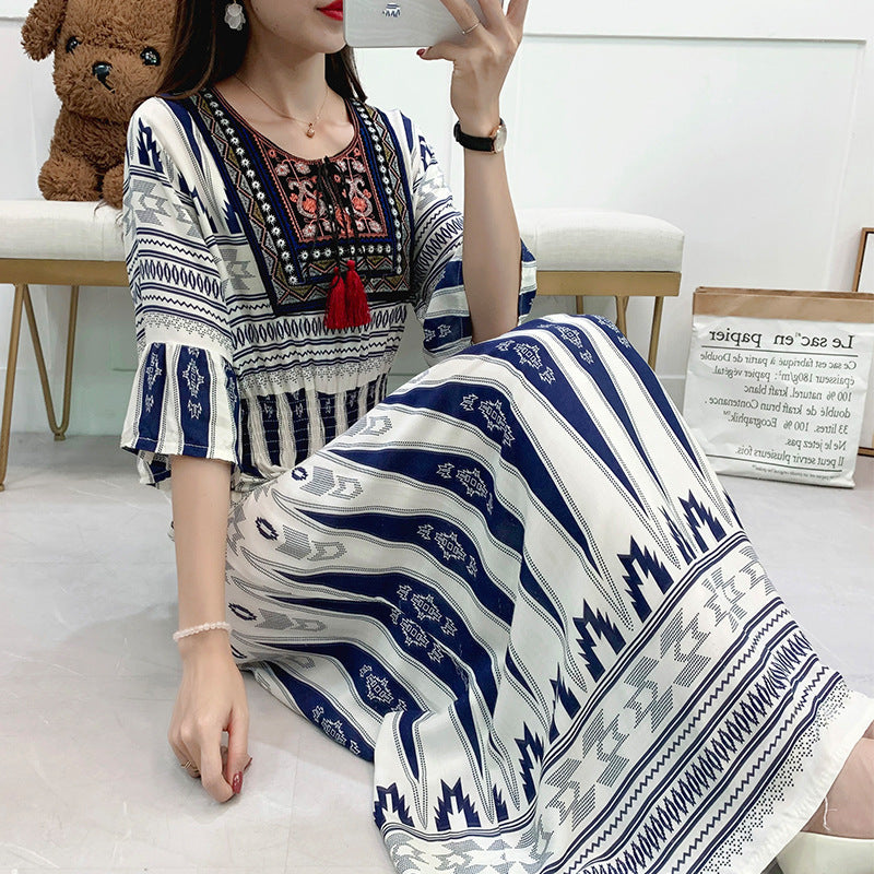 Skirt Crew Neck Ruffle Half Sleeve Cotton Silk Dress