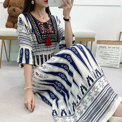 Skirt Crew Neck Ruffle Half Sleeve Cotton Silk Dress