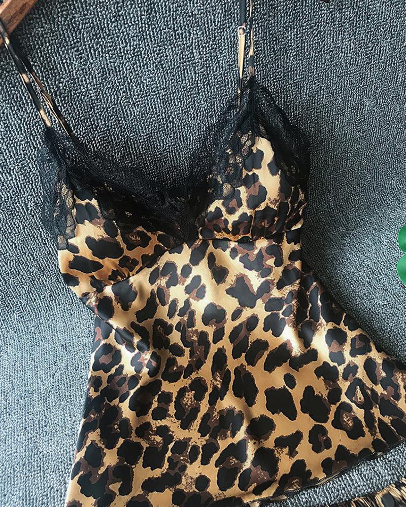 Women's Silk Lace Leopard Print Suspender Shorts Suit