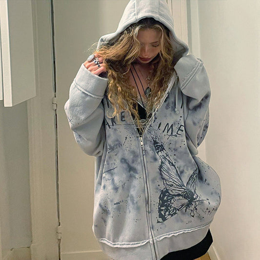 Knitted Butterfly Print Loose Hoodie