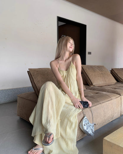 Summer New Pure Color Cool Beauty Three-dimensional Flower Decorative Sling Dress Yunnan Tourism Vacation Skirt