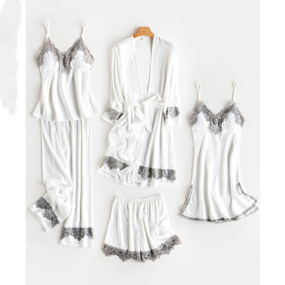Ice Silk Thin Sling Nightdress Nightgown Five-piece Home Service