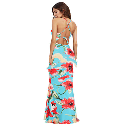 Women's Corset Milk Silk Maxi Suspender Print Dress