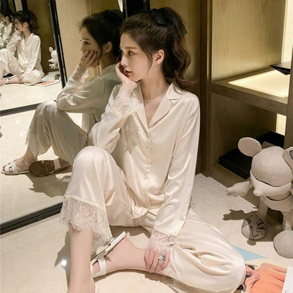 Pajamas Ice Silk Lace Long Sleeves And Trousers