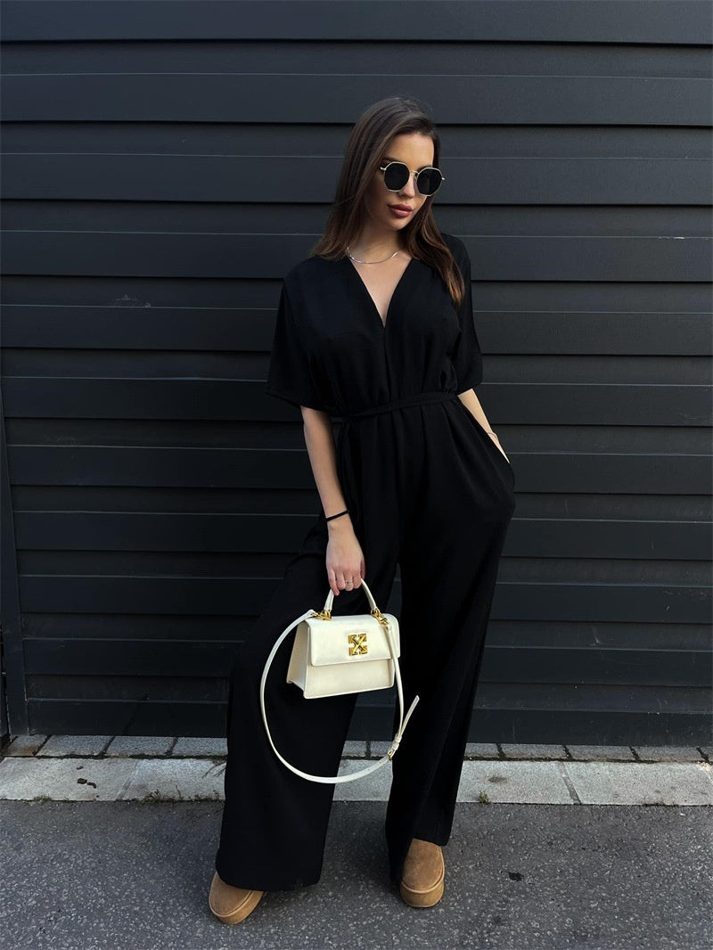 Velinora Deep V Tie-Waist Jumpsuit