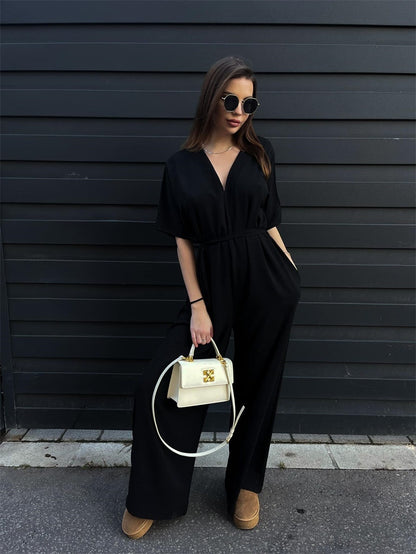Velinora Deep V Tie-Waist Jumpsuit